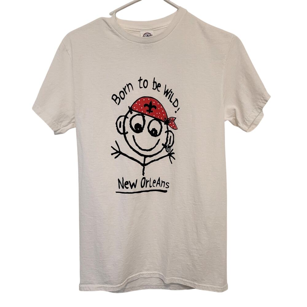 New Orleans Cartoon Graphic Tee Born to be Wild NOLA White Size S Short Sleeve